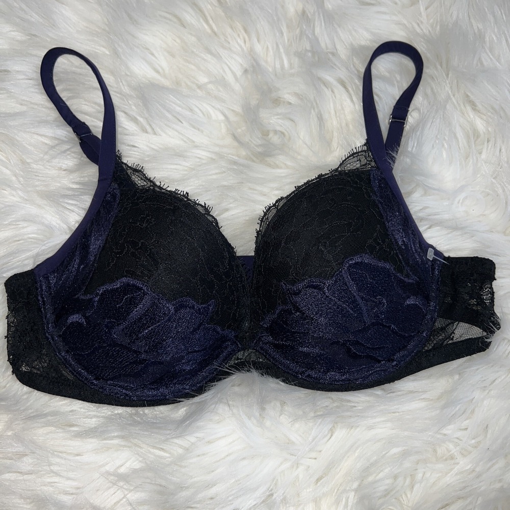 La Perla Black Purple Lace Push Up Bra Runway Fashion Rare 36C